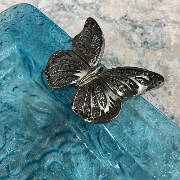 Ocean Blue Embossed Glass With Pewter Butterfly Handles Serving Tray - Picture 3 of 5